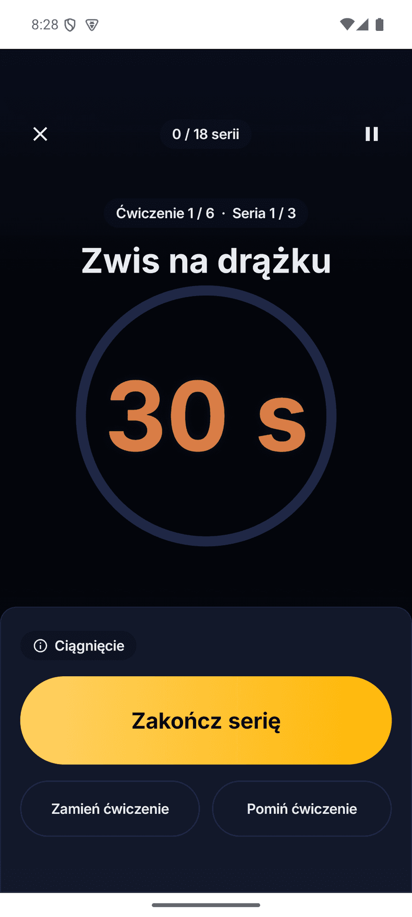 Ekran aktywnej sesji treningowej z licznikiem