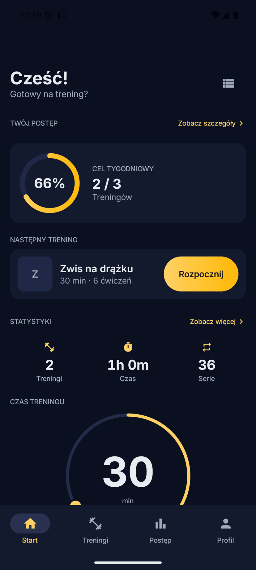 Ekran startowy Kalispark z pierścieniem postępu i planem dnia