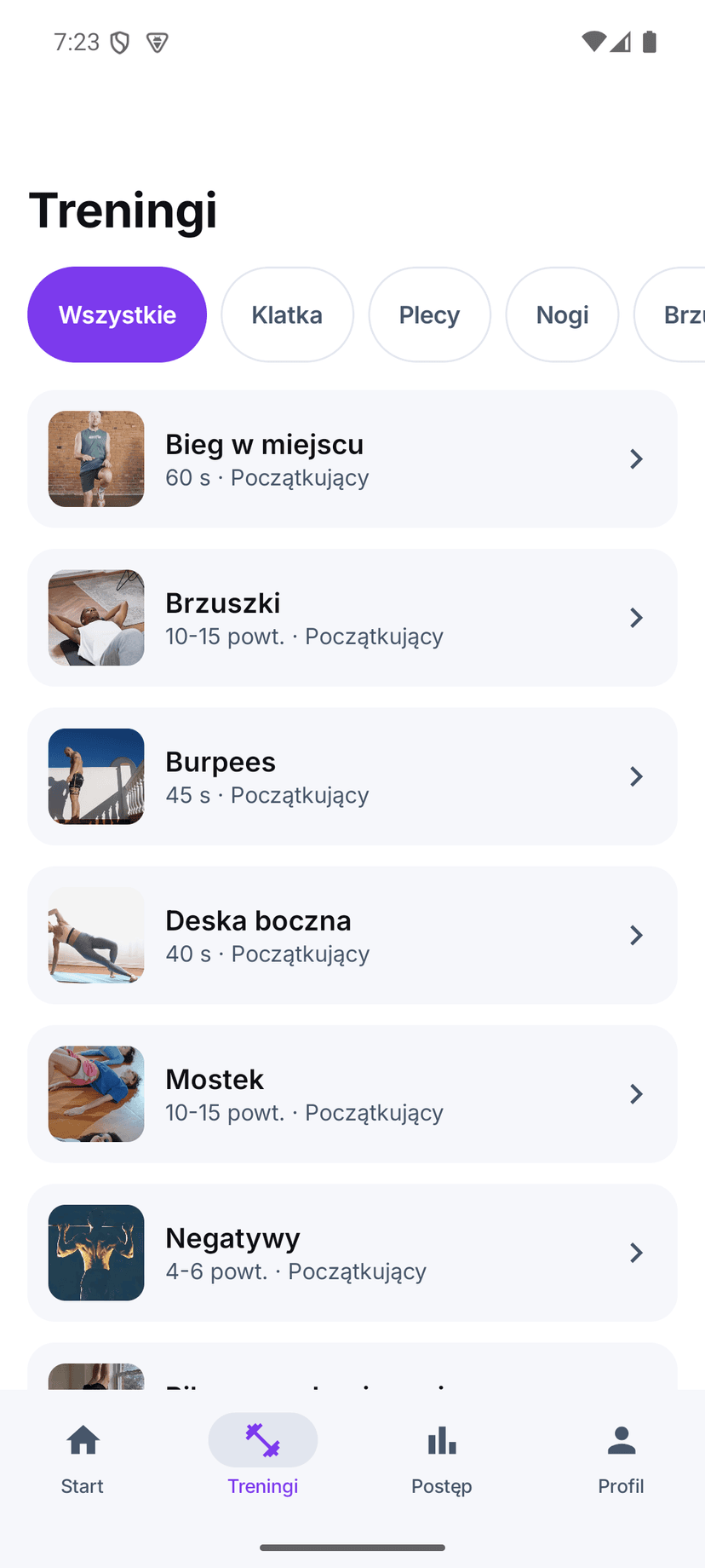Lista ćwiczeń z miniaturami wideo